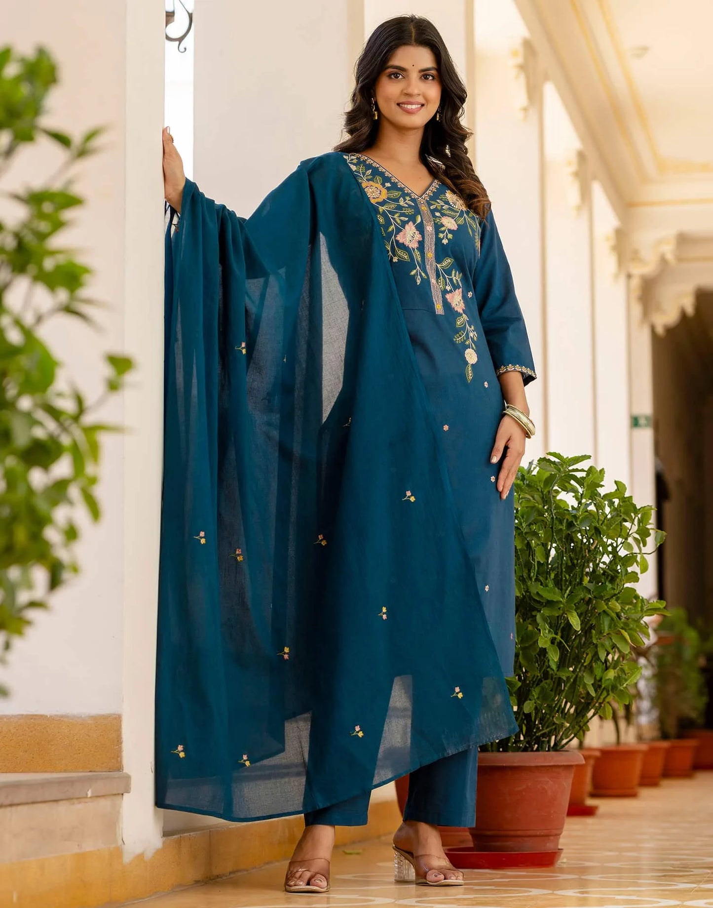 Skylee Blue Cotton Embroidered Straight Kurta Set for Women