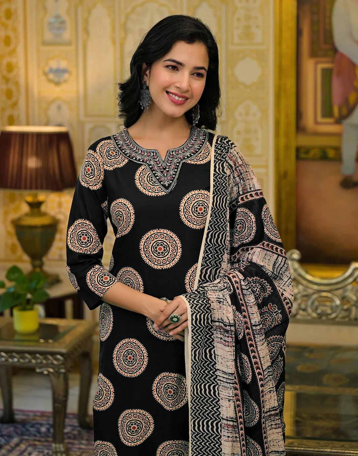 Cotton Embroidered V-Neck Straight Kurta with Pant & Dupatta