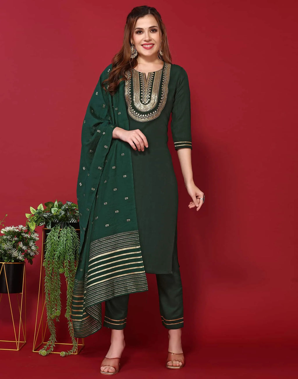 Skylee Poly Chinnon Embroidered Straight 3 Piece Kurta Set For Woman