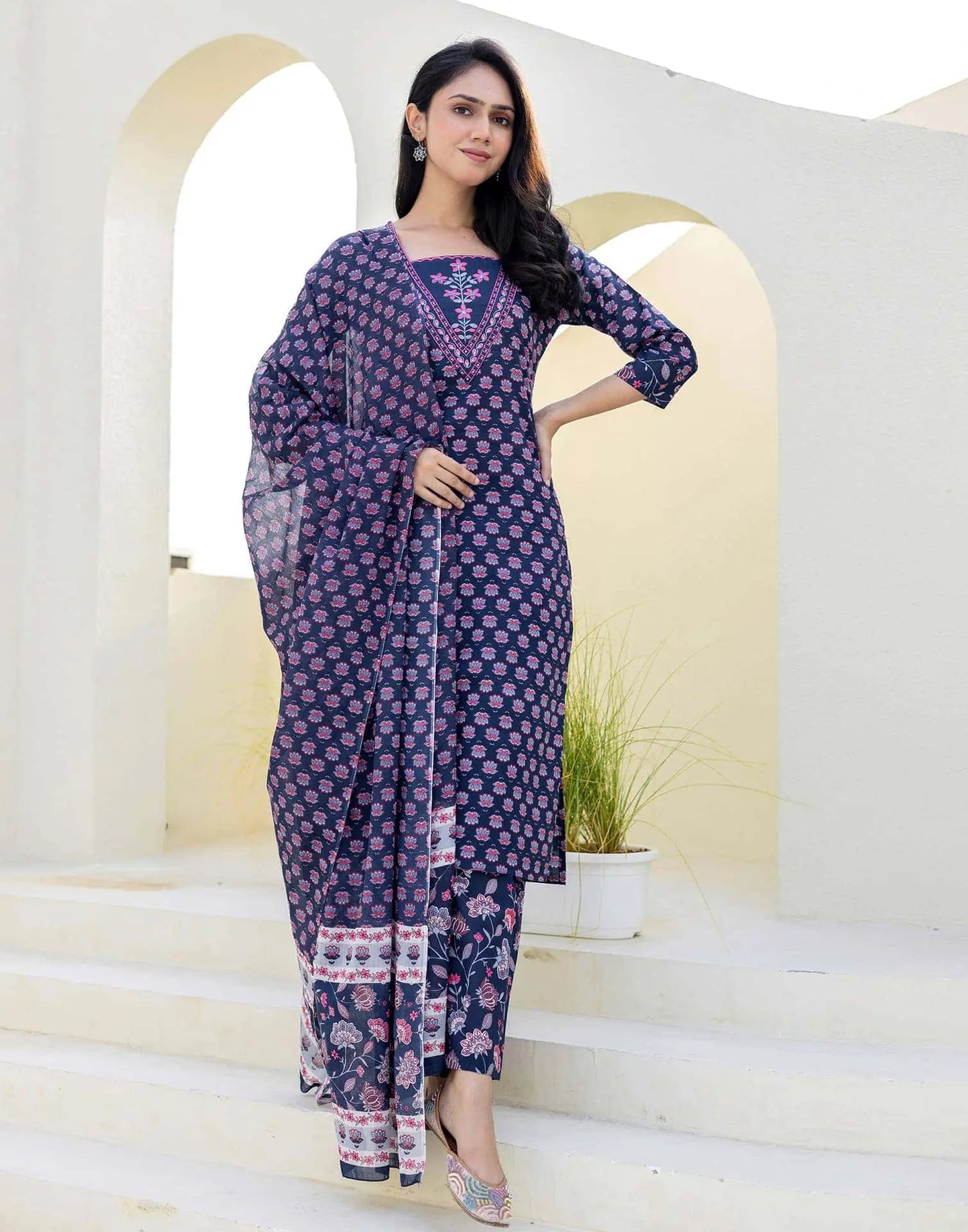 Cotton Embroidery and Sequins Work, Printed, Fabric Lace Straight Kurta with Pant & Dupatta