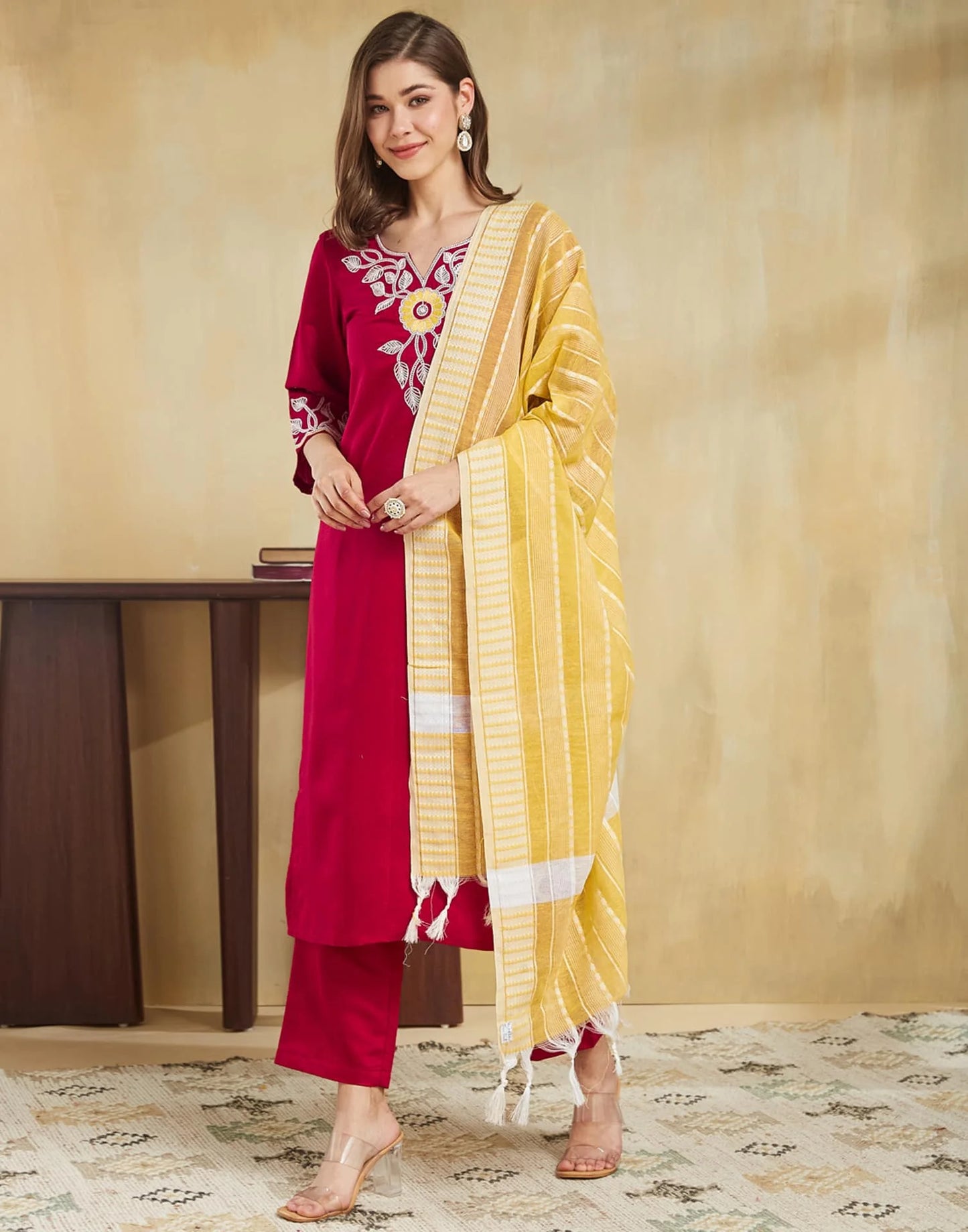 Cotton Blend Embroidery Straight Kurta with Pant & Dupatta