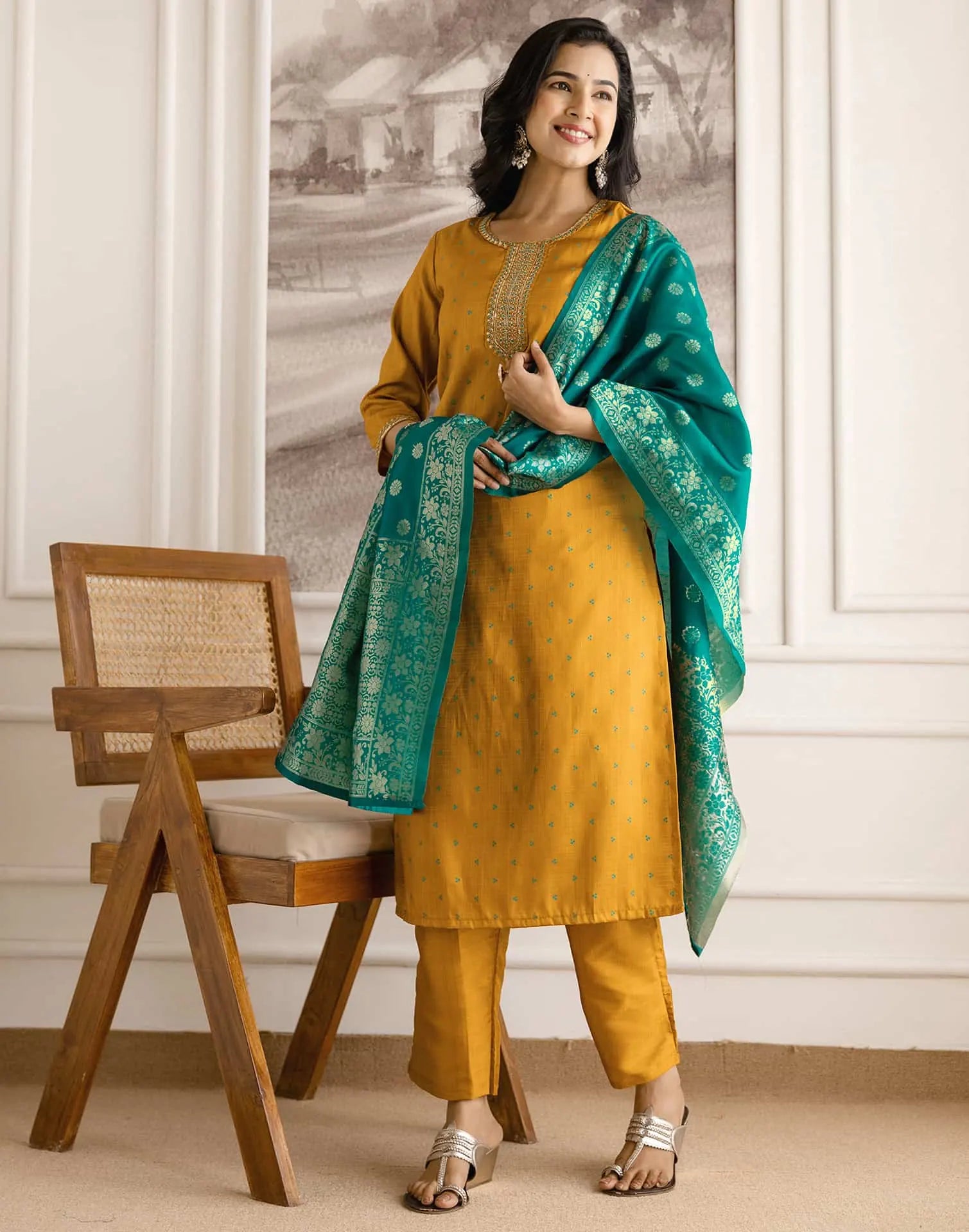 Yellow Silk Embroidered Straight Kurta Set with Pant & Dupatta. is perfect for weddings, festive occasions
