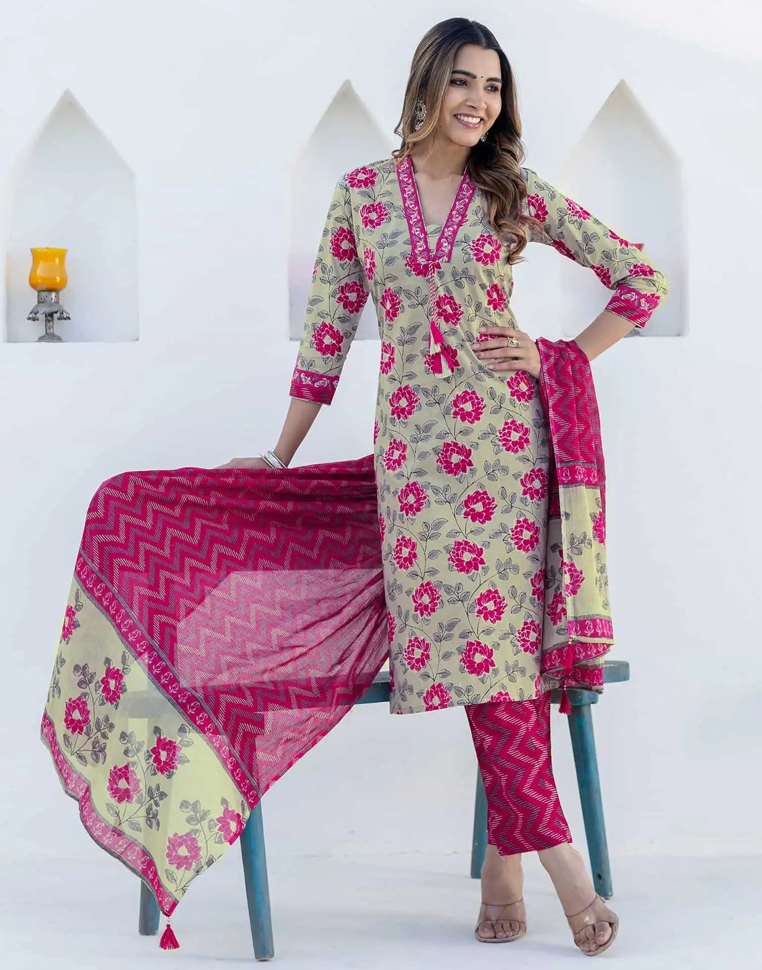 Grey Printed Kurti with pant & dupatta 
