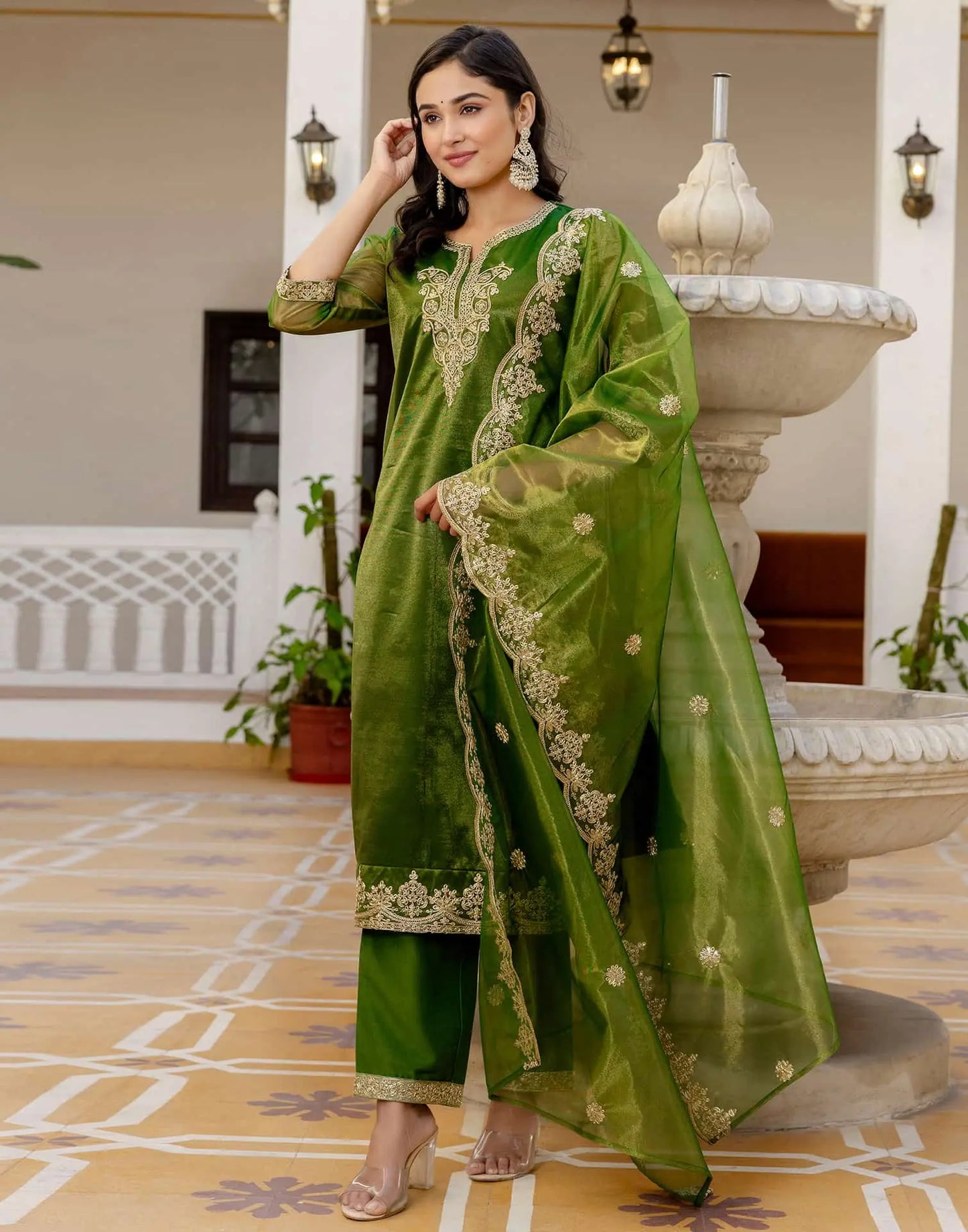 Net Sequins, Embroidery and Gota Lace Straight Kurta with Pant & Dupatta