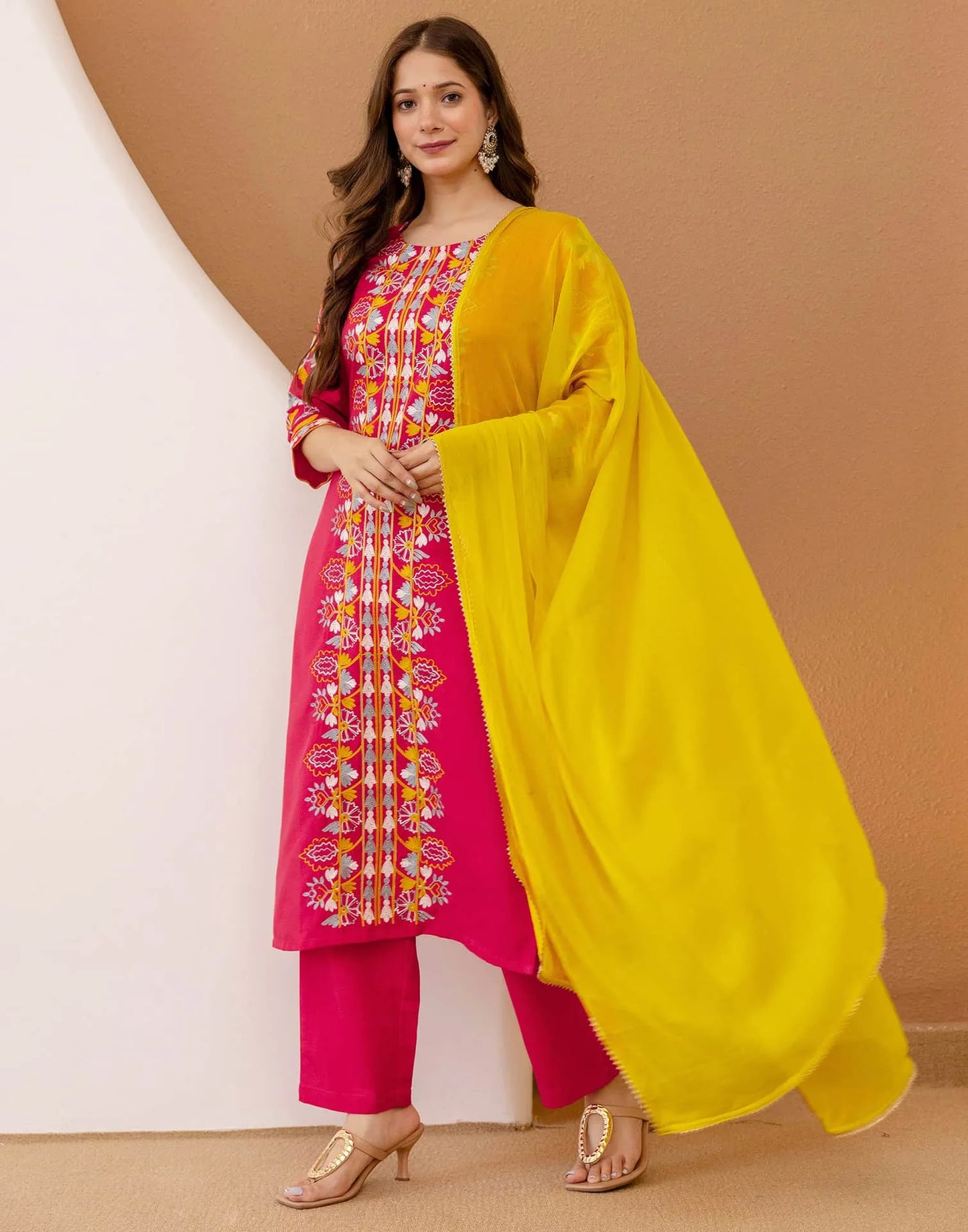 Cotton Blend Embroidered Straight Kurta with Pant & Dupatta