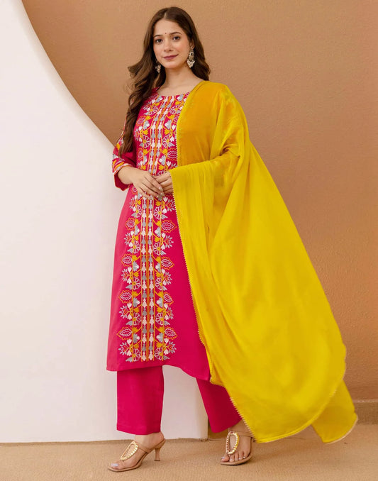 Cotton Blend Embroidered Straight Kurta with Pant & Dupatta