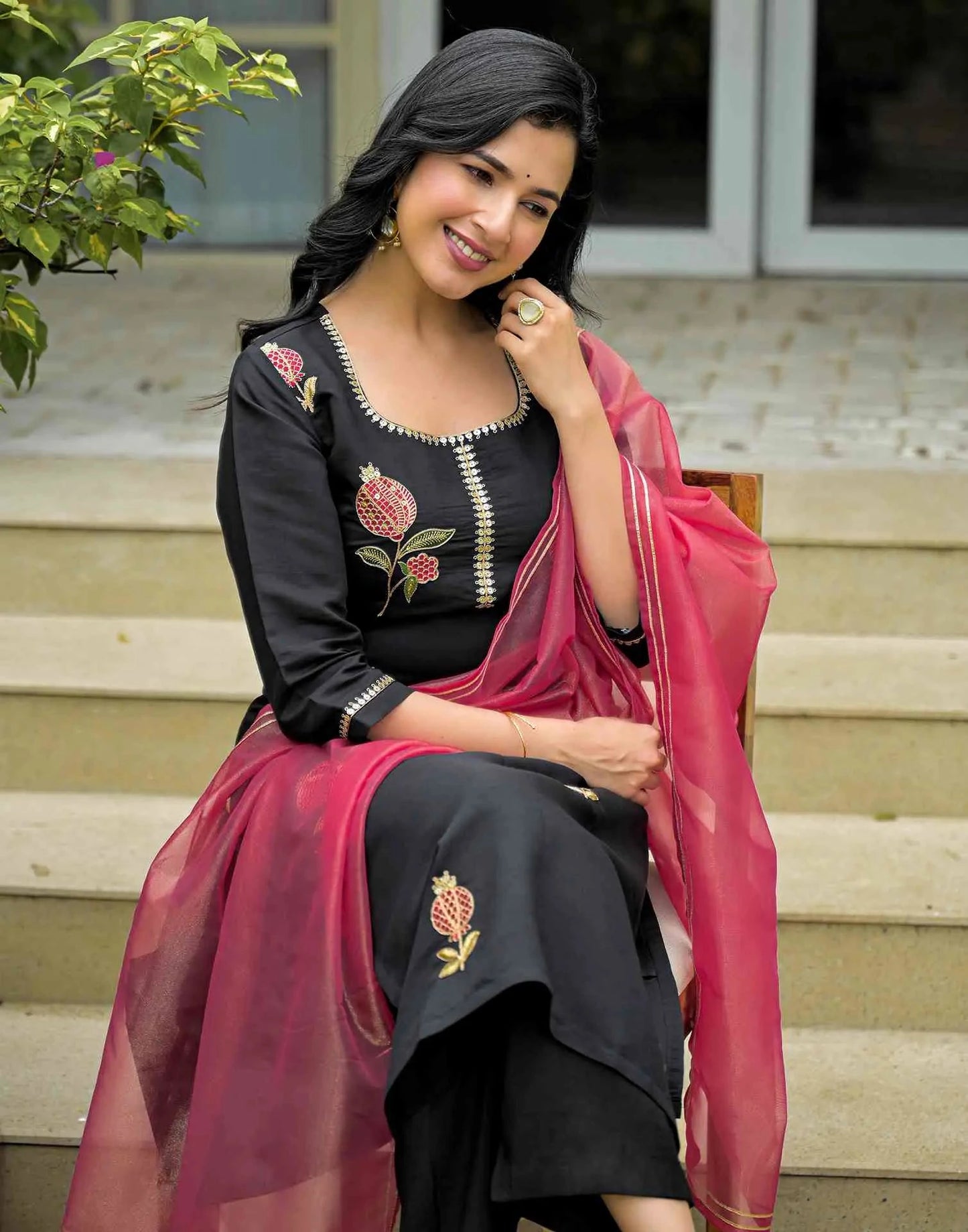 Silk Blend Embroidered Straight Round Neck Kurta with Pant & Dupatta