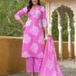Cotton Straight Printed V-Neck Kurta with Pant & Dupatta
