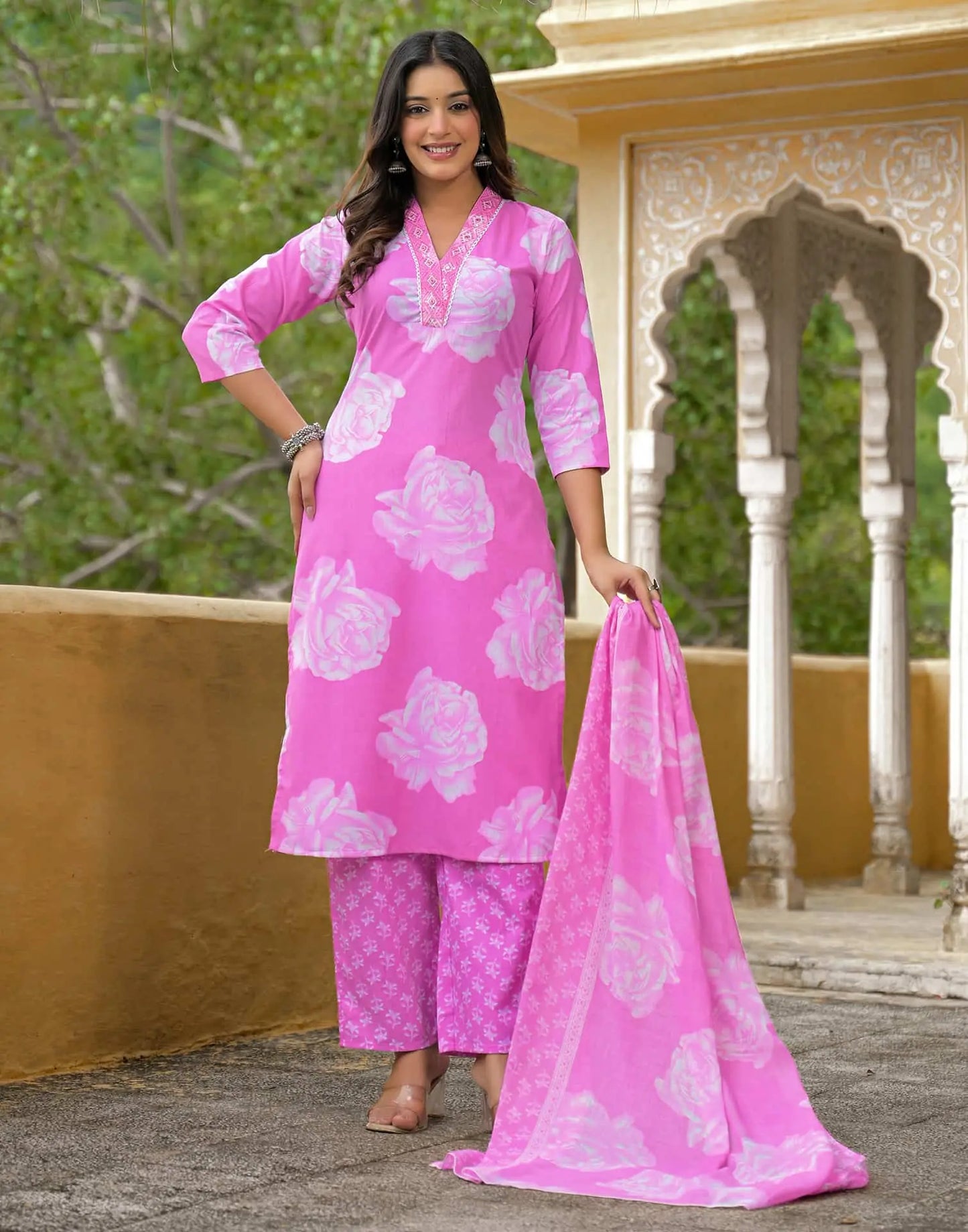 Cotton Straight Printed V-Neck Kurta with Pant & Dupatta
