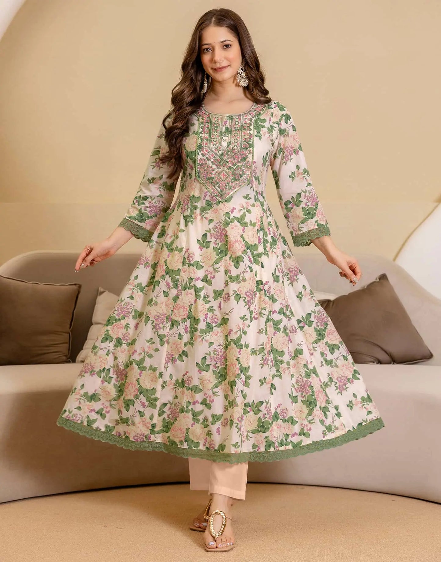 Beige Cotton Printed Anarkali Kurta with Pant & Dupatta