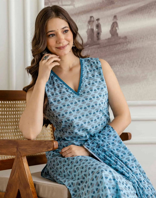 Affordable Blue Cotton Printed Straight Kurta Set with Pant & Dupatta under 999