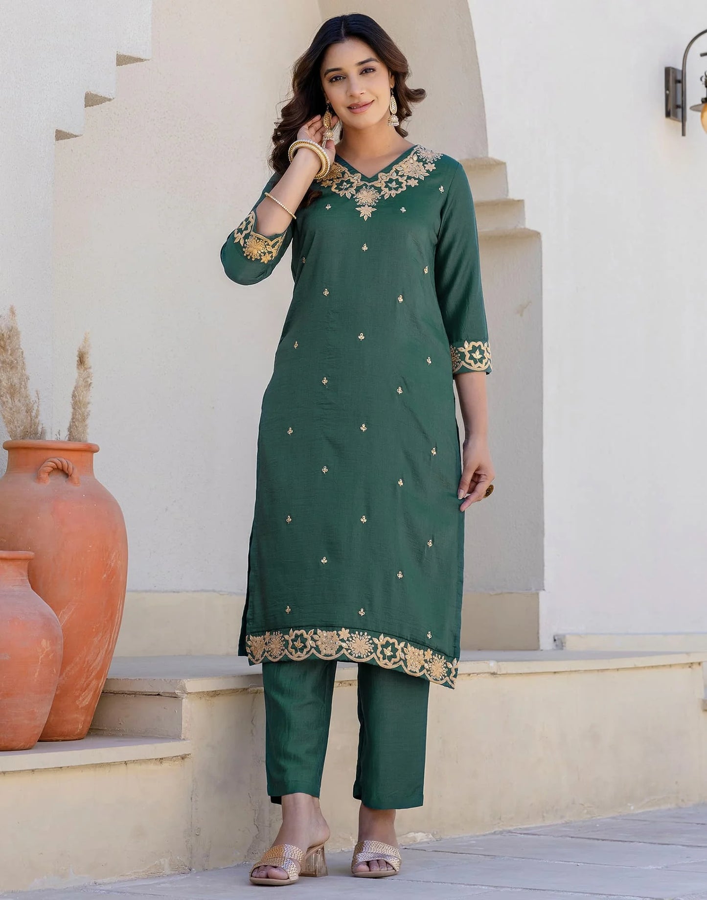 Silk Blend Embroidery, Sequin Work and Embroidery Lace Straight Kurta with Pant & Dupatta