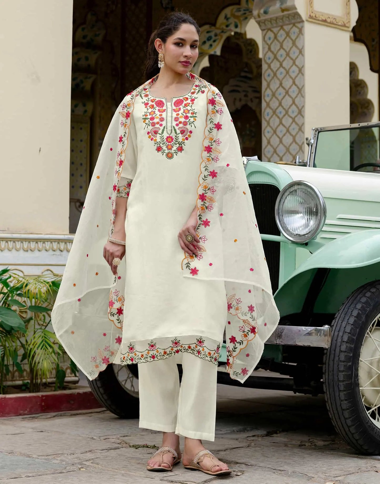 Beige Silk Blend Embroidered and Sequins Work Straight Kurta Set with Pant & Dupatta for Women