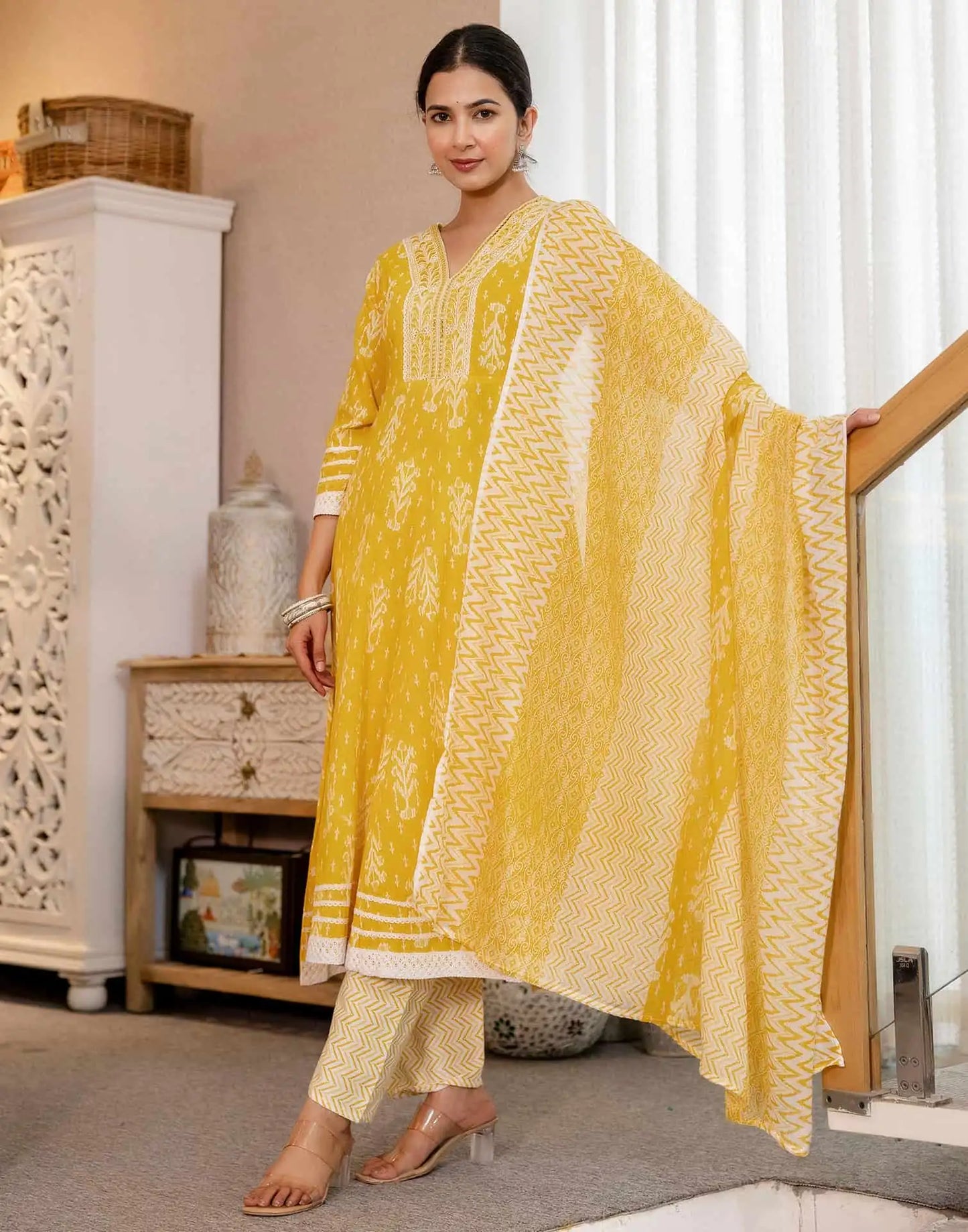 Cotton Anarkali Printed V-Neck Kurta with Pant & Dupatta