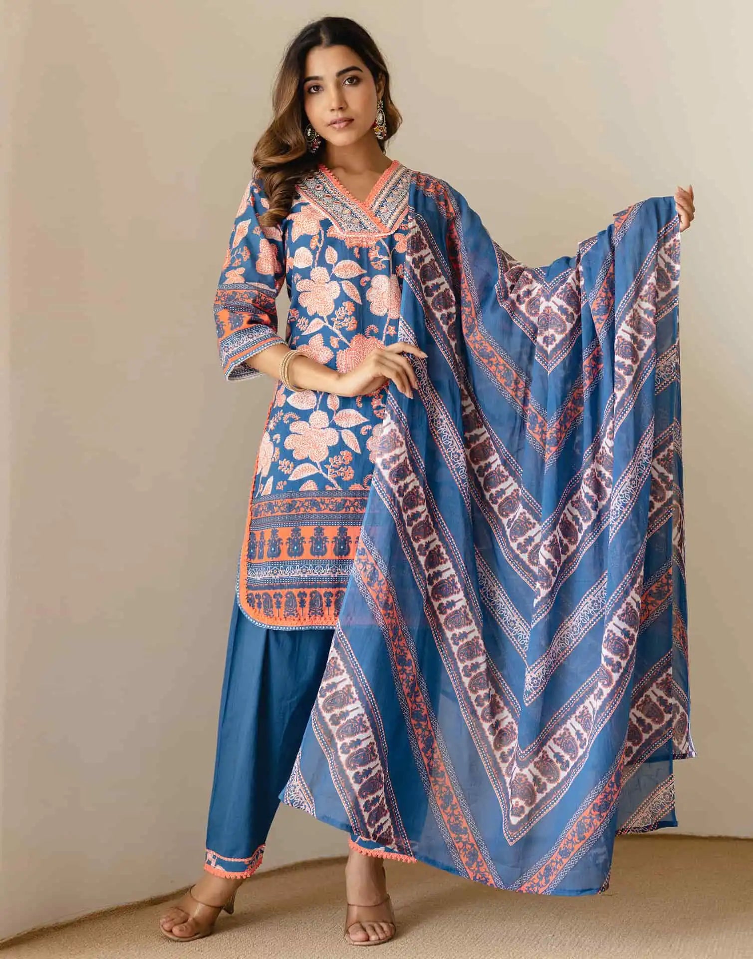 Affordable Blue Cotton Printed Straight Kurta Set with Patiala & Dupatta under 999