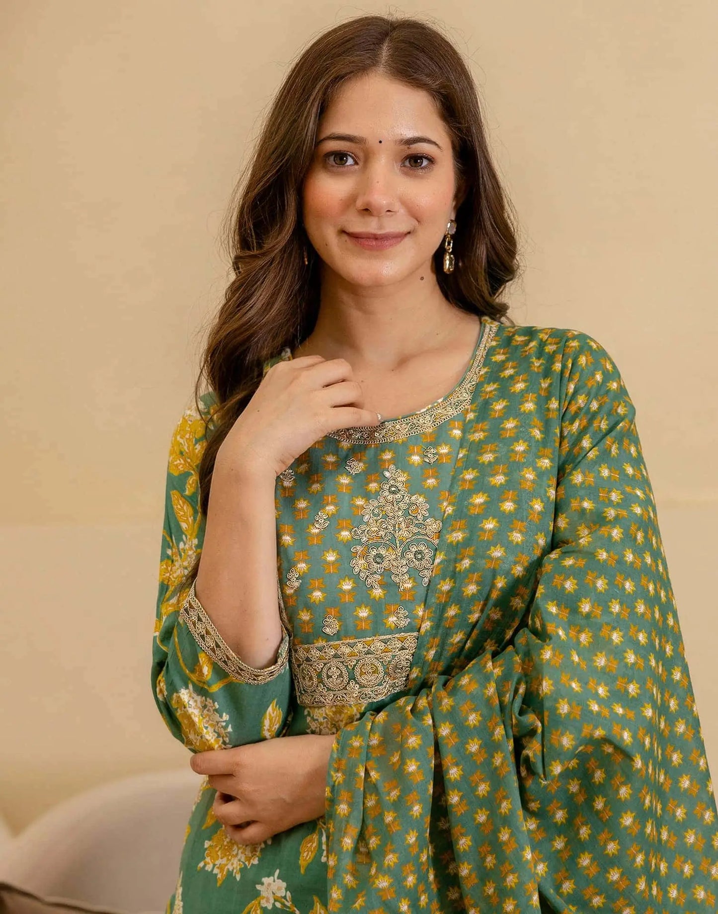 Cotton Printed Straight Kurta with Pant & Dupatta