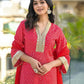 Red Silk Printed Straight Kurta Set with Pant & Dupatta V-Neck Ethnic Kurti for Festive Wear