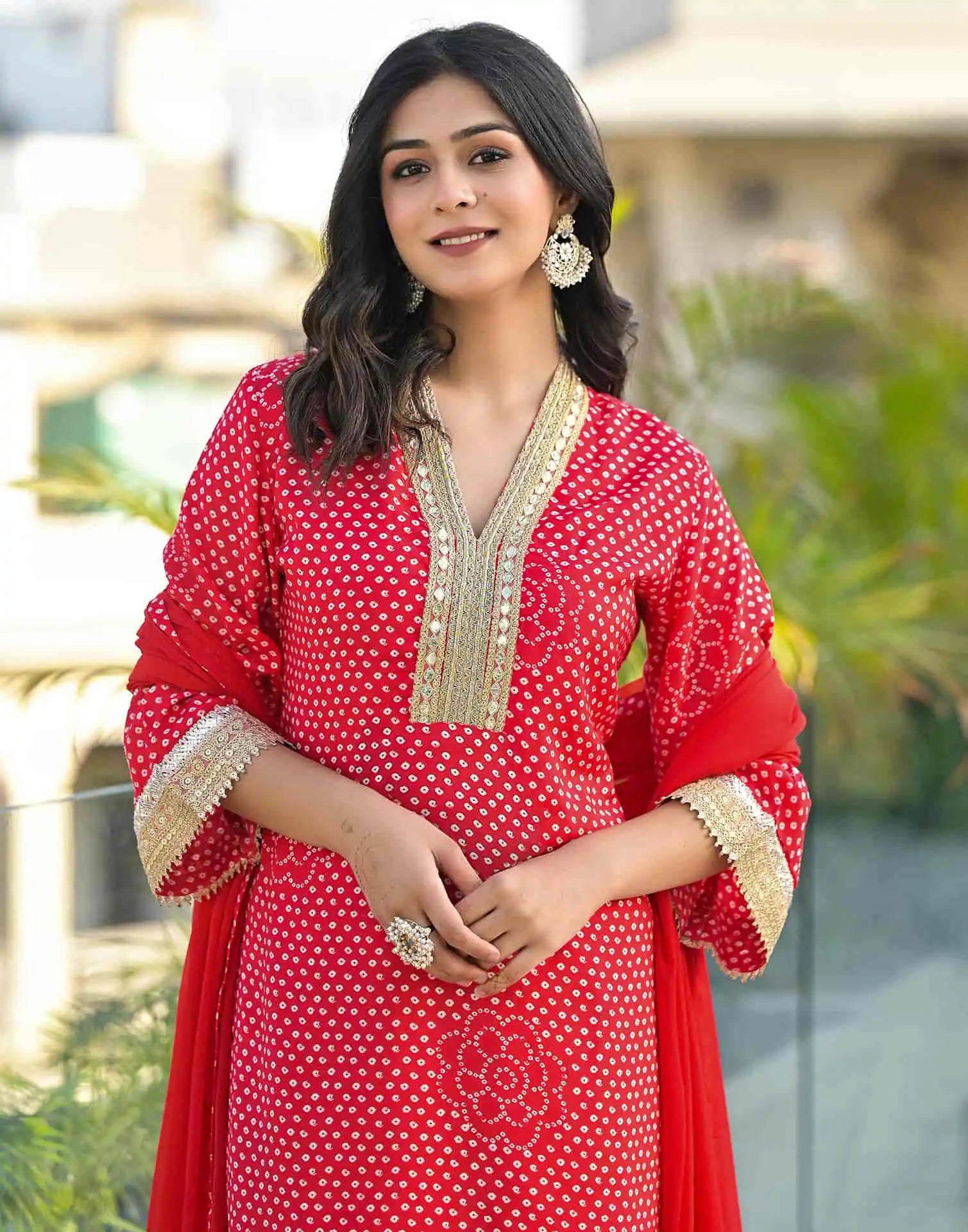 Red Silk Printed Straight Kurta Set with Pant & Dupatta V-Neck Ethnic Kurti for Festive Wear