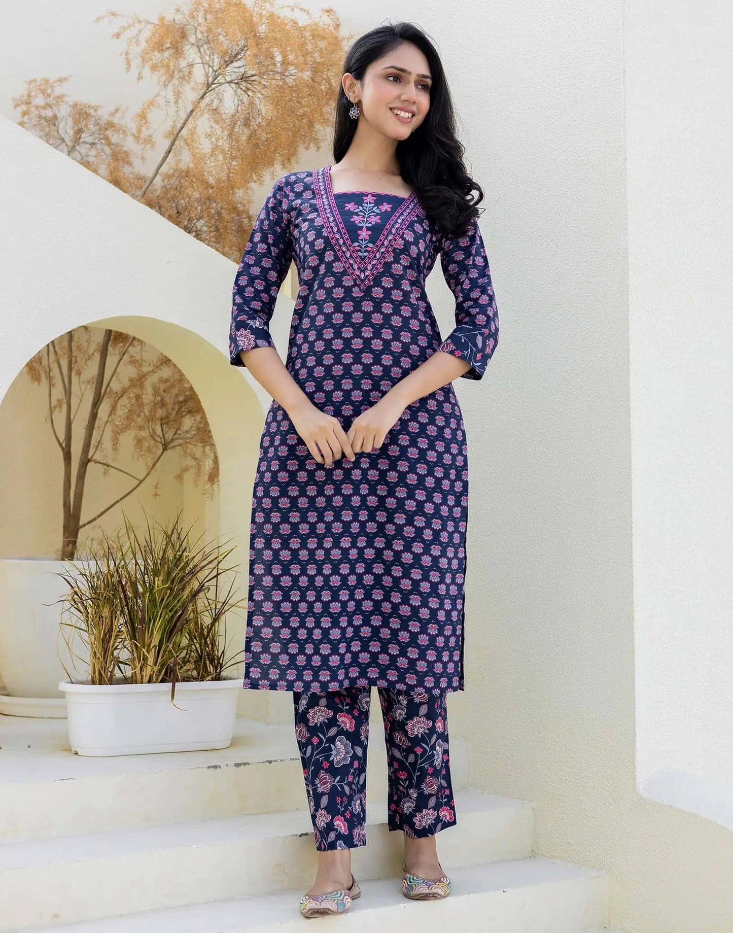 Cotton Embroidery and Sequins Work, Printed, Fabric Lace Straight Kurta with Pant & Dupatta