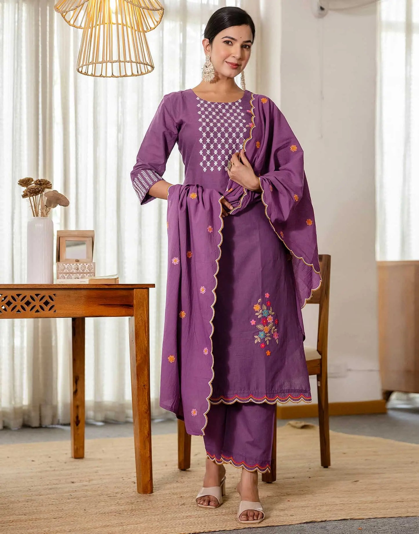 Skylee Purple Cotton Embroidered Straight Kurta with Pant & Dupatta