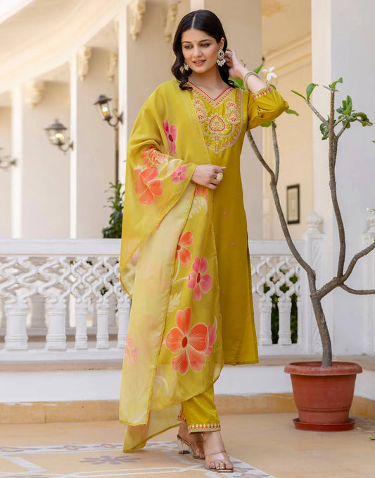 Silk Blend Straight Embroidery V-Neck Kurta with Pant & Dupatta