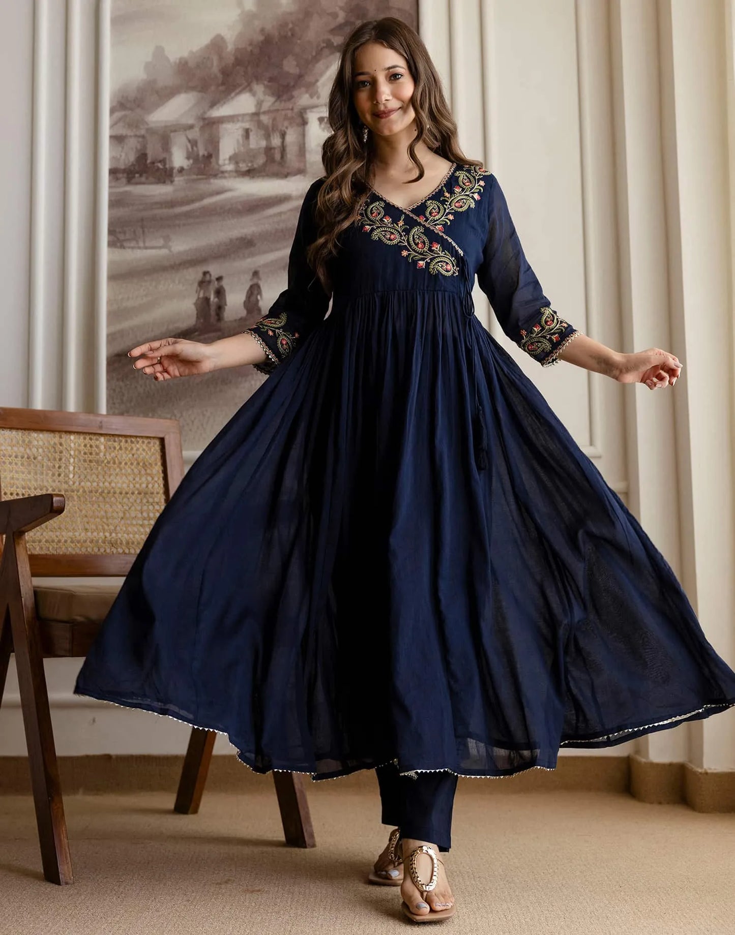Affordable Blue Cotton Embroidered Anarkali Kurti Set