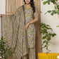 Cotton Straight Printed V-Neck Kurta with Pant & Dupatta