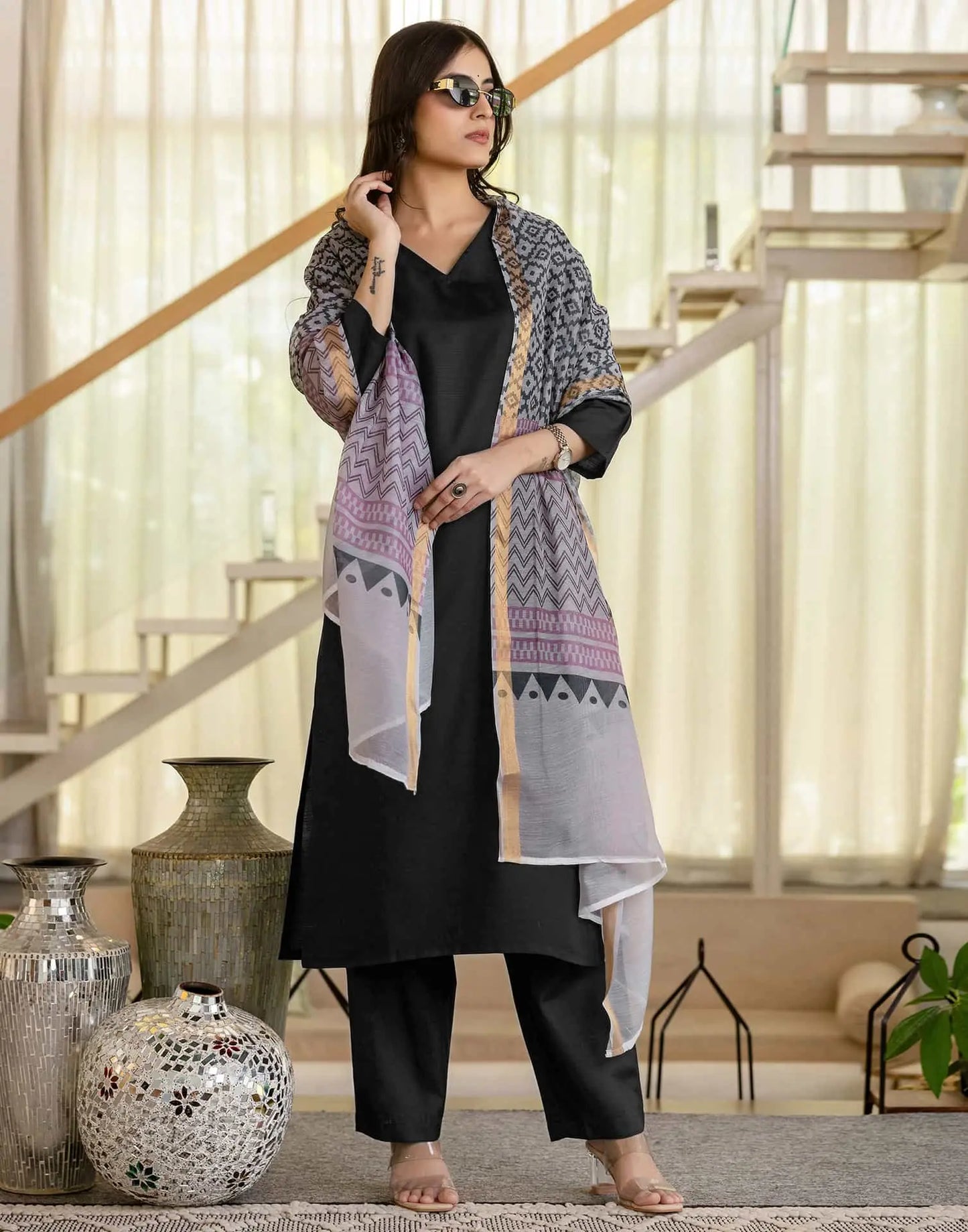 Affordable Black Cotton Blend Kurta Set with Pant & Dupatta for Women