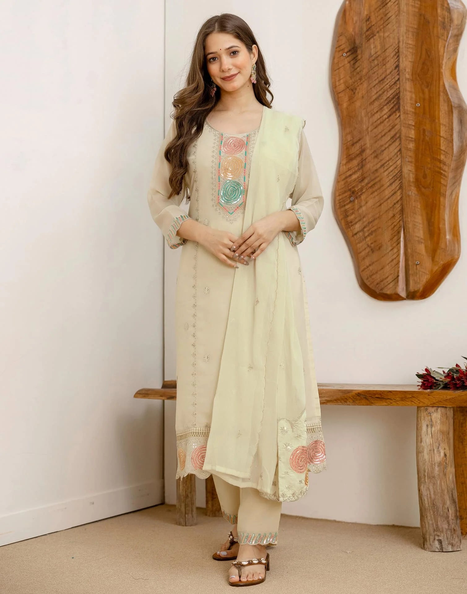 Beige Georgette Embroidered Kurta Set with Pant & Dupatta
