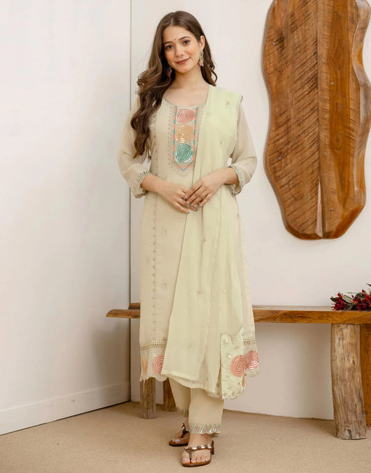 Beige Georgette Embroidered Kurta Set with Pant & Dupatta