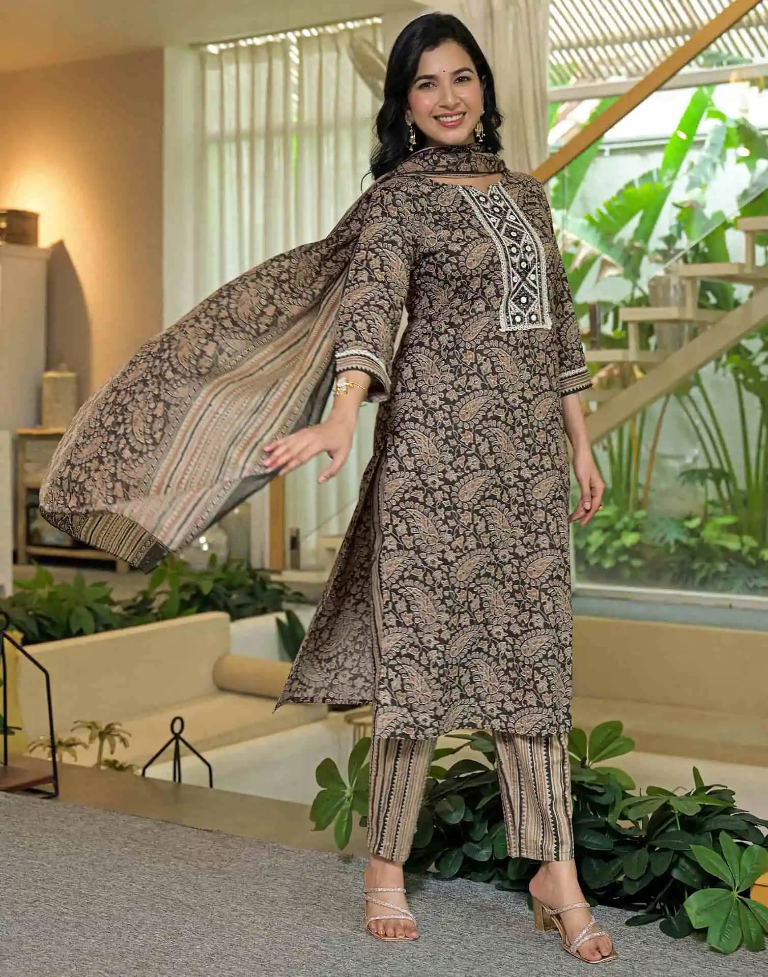 Affordable Brown Cotton Printed Straight Kurta Set under 799