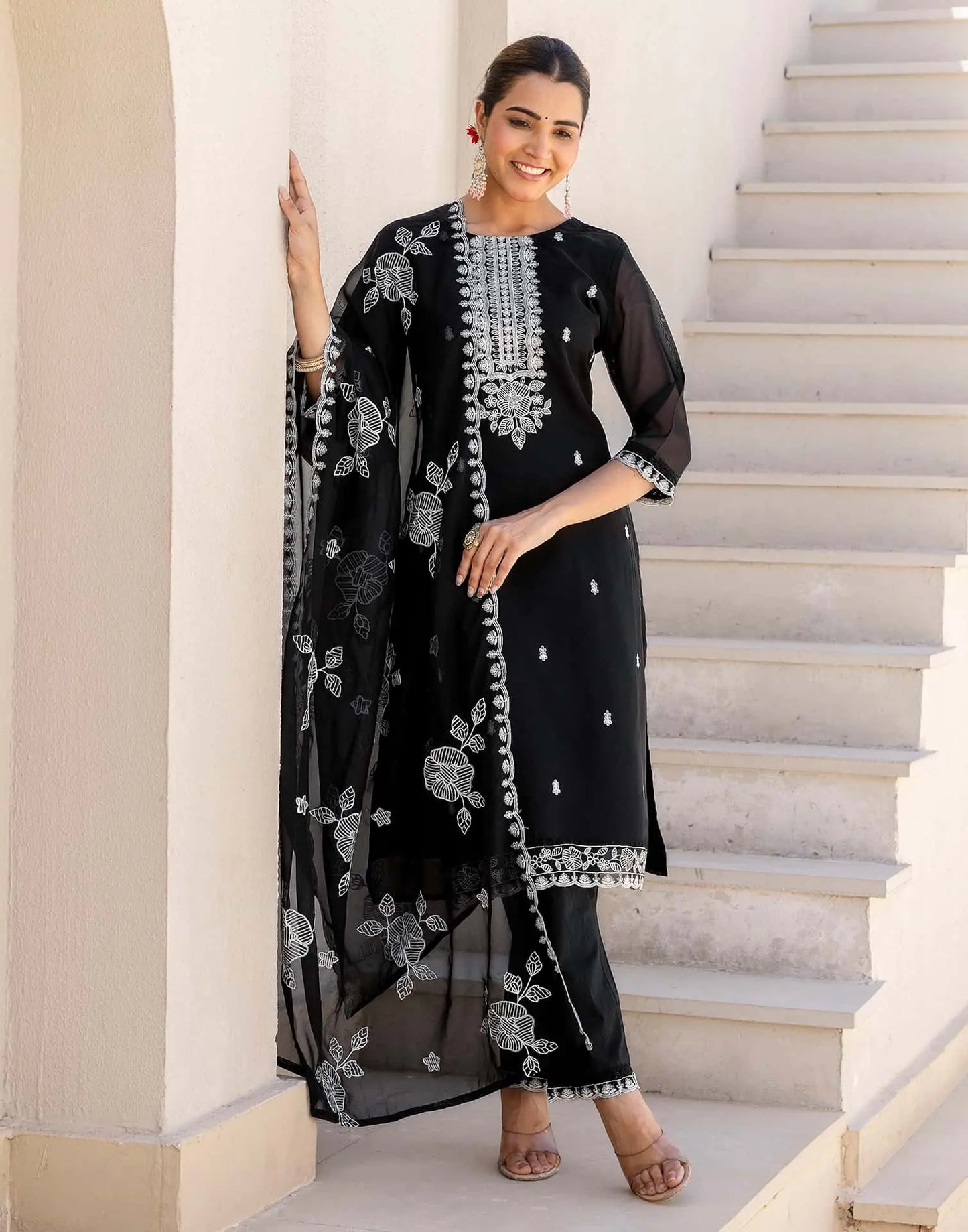 Skylee Black Silk Embroidered Straight Kurta Set for Women