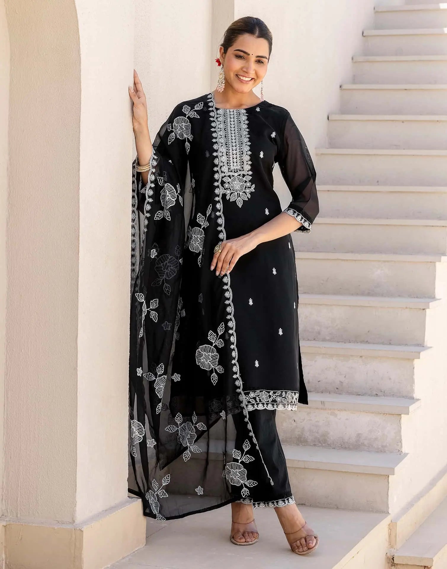 Skylee Black Silk Embroidered Straight Kurta Set for Women