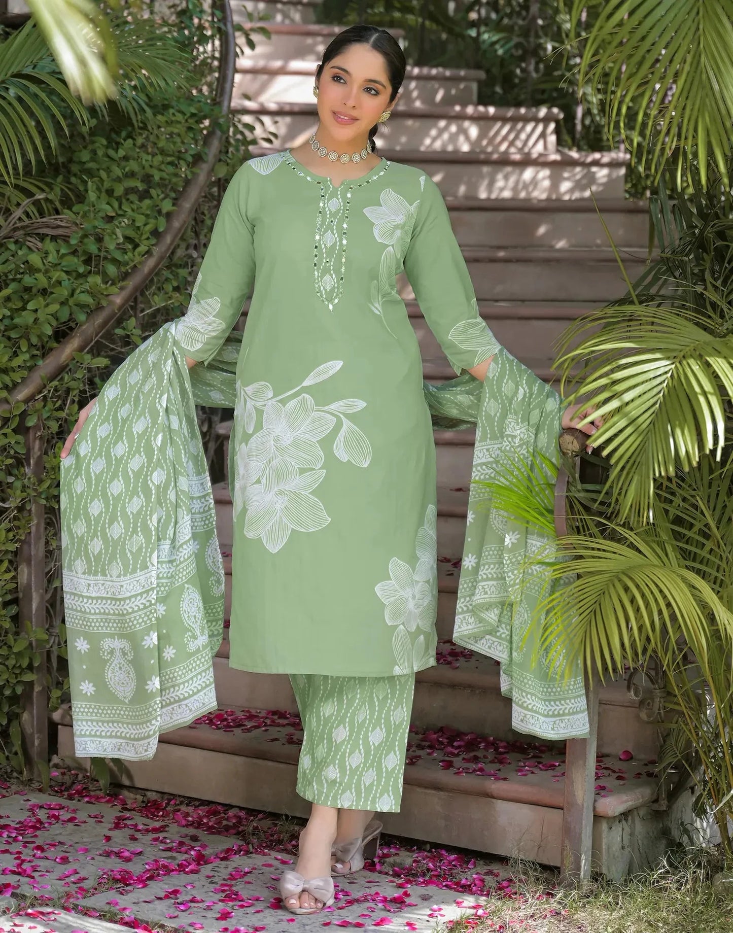Cotton Printed V-Neck Straight Kurta with Pant & Dupatta