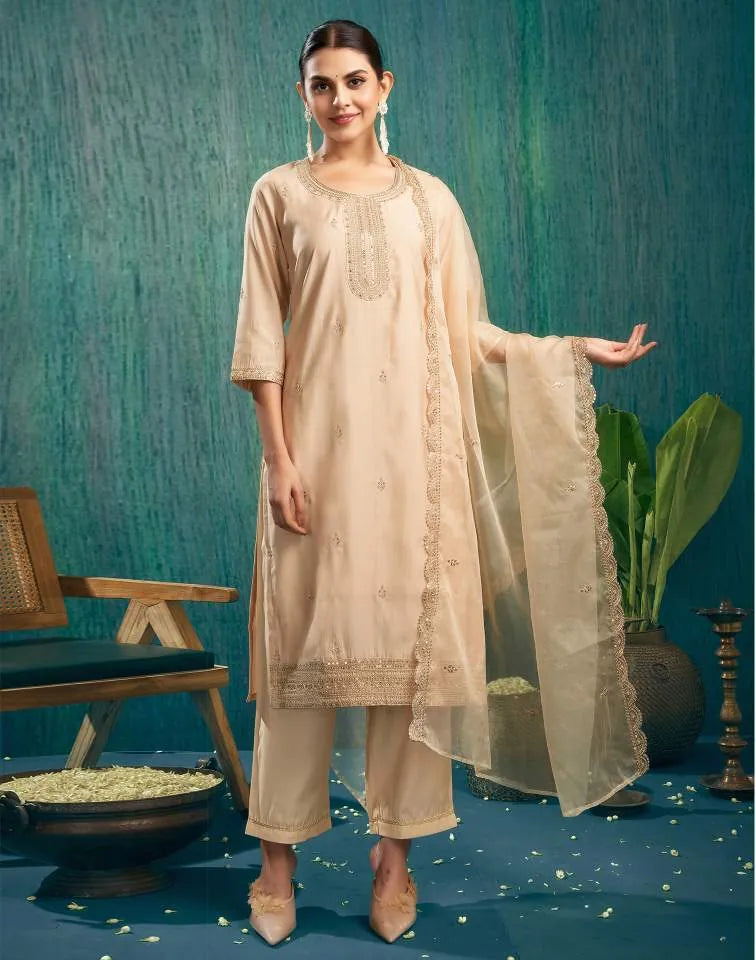 Skylee Beige silk sequence embroidered round neck kurta set with pant and dupatta