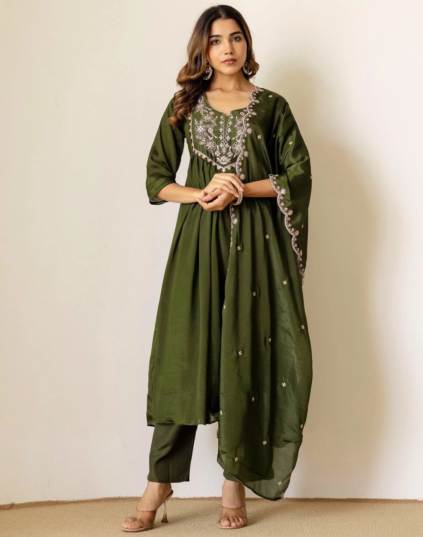Green Silk Sequin Anarkali Kurta Set with Pant & Dupatta under 1299 