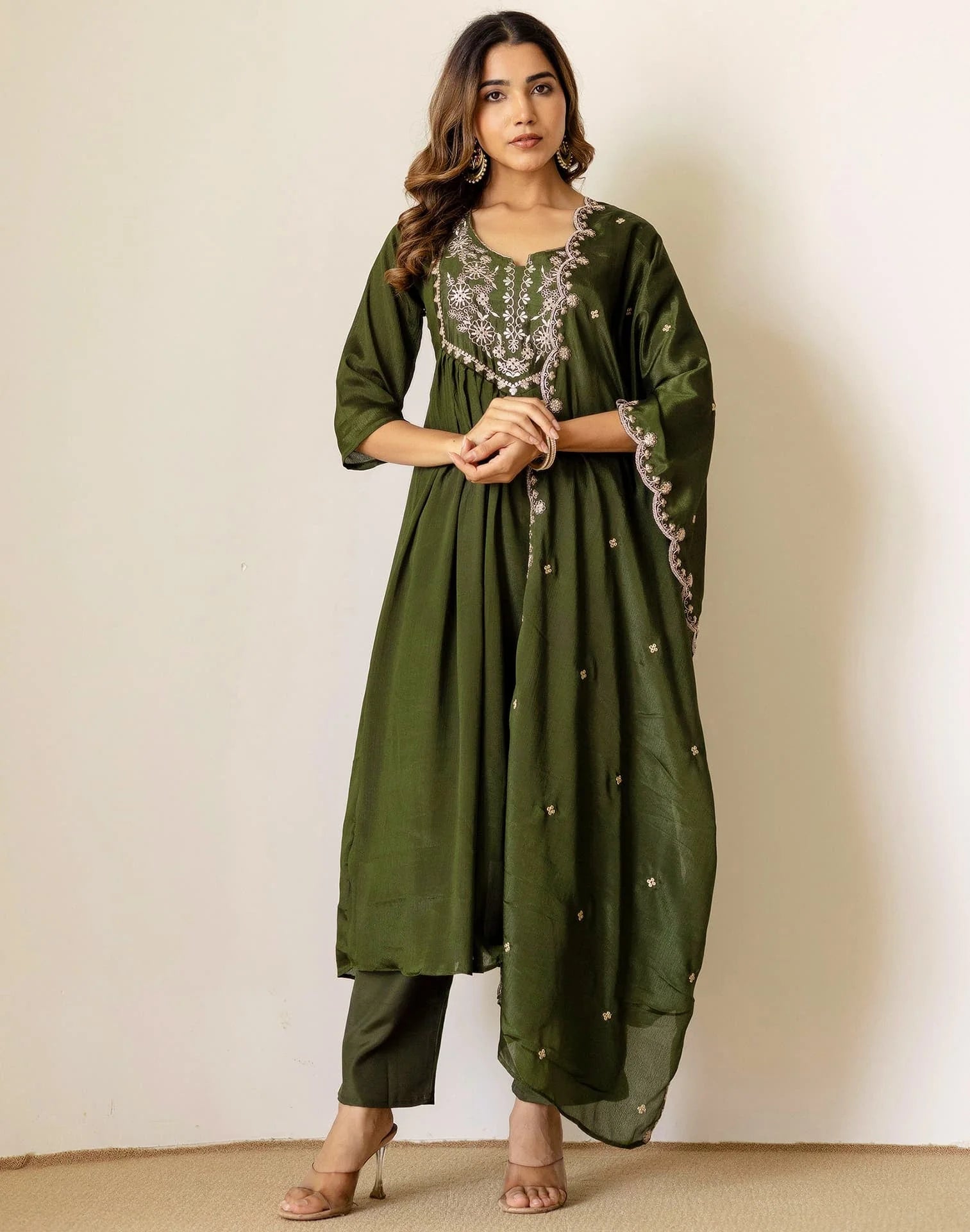 Green Silk Sequin Anarkali Kurta Set with Pant & Dupatta under 1299 