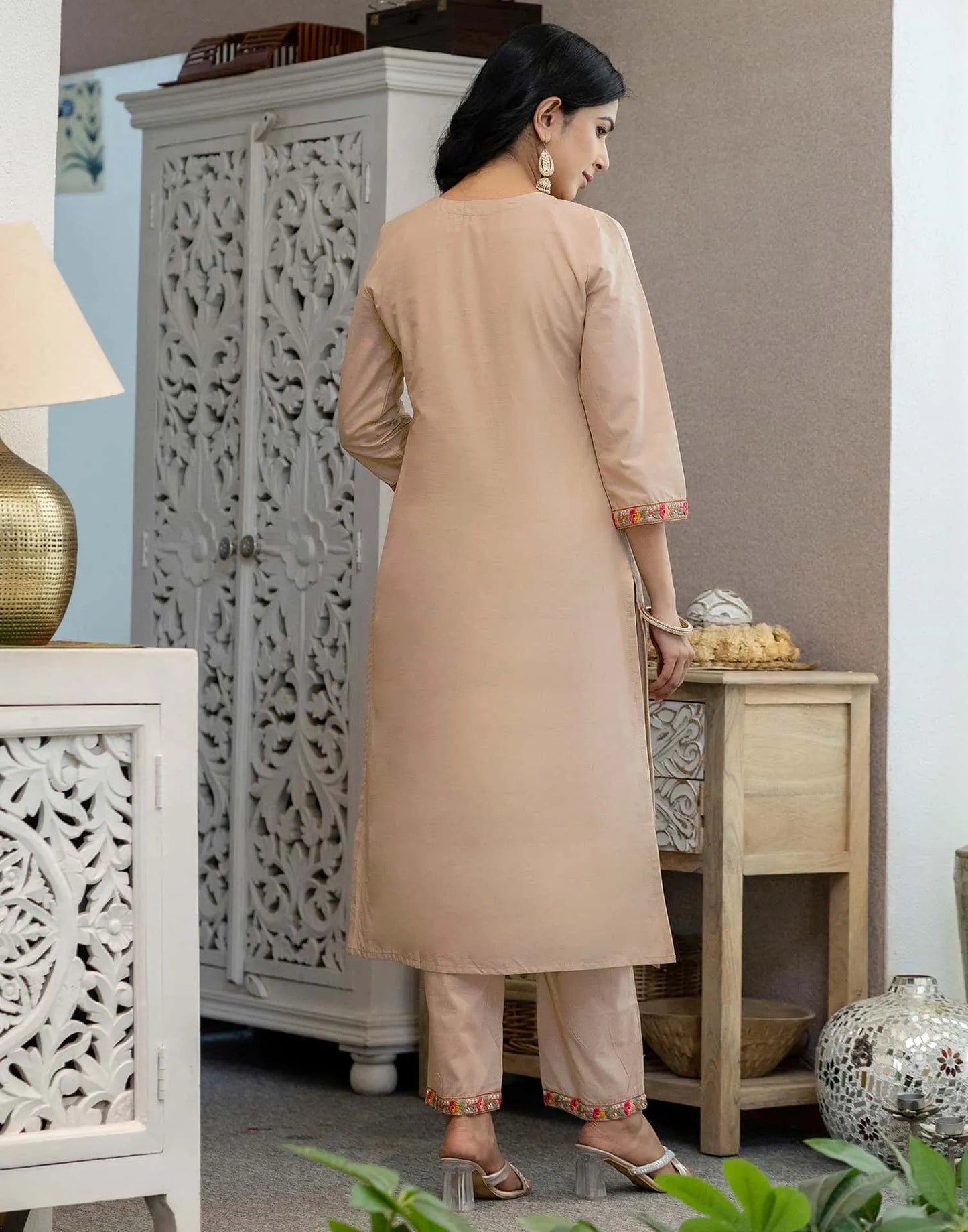 Skylee Brown Cotton Embroidered Straight Kurta with Pant & Dupatta