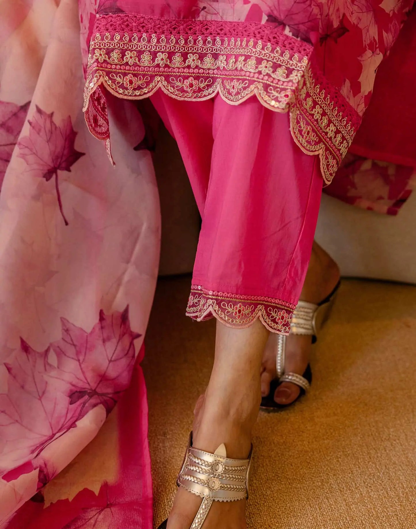 Pink Organza Printed Straight Kurta Set with Pant and Dupatta under 1299 