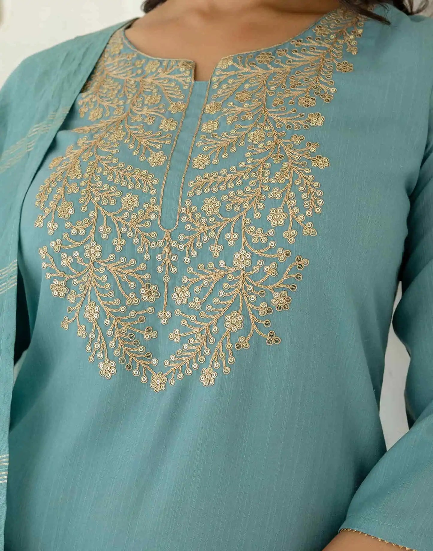 Light Green Cotton Embroidered Straight Kurta with Pant and Dupatta