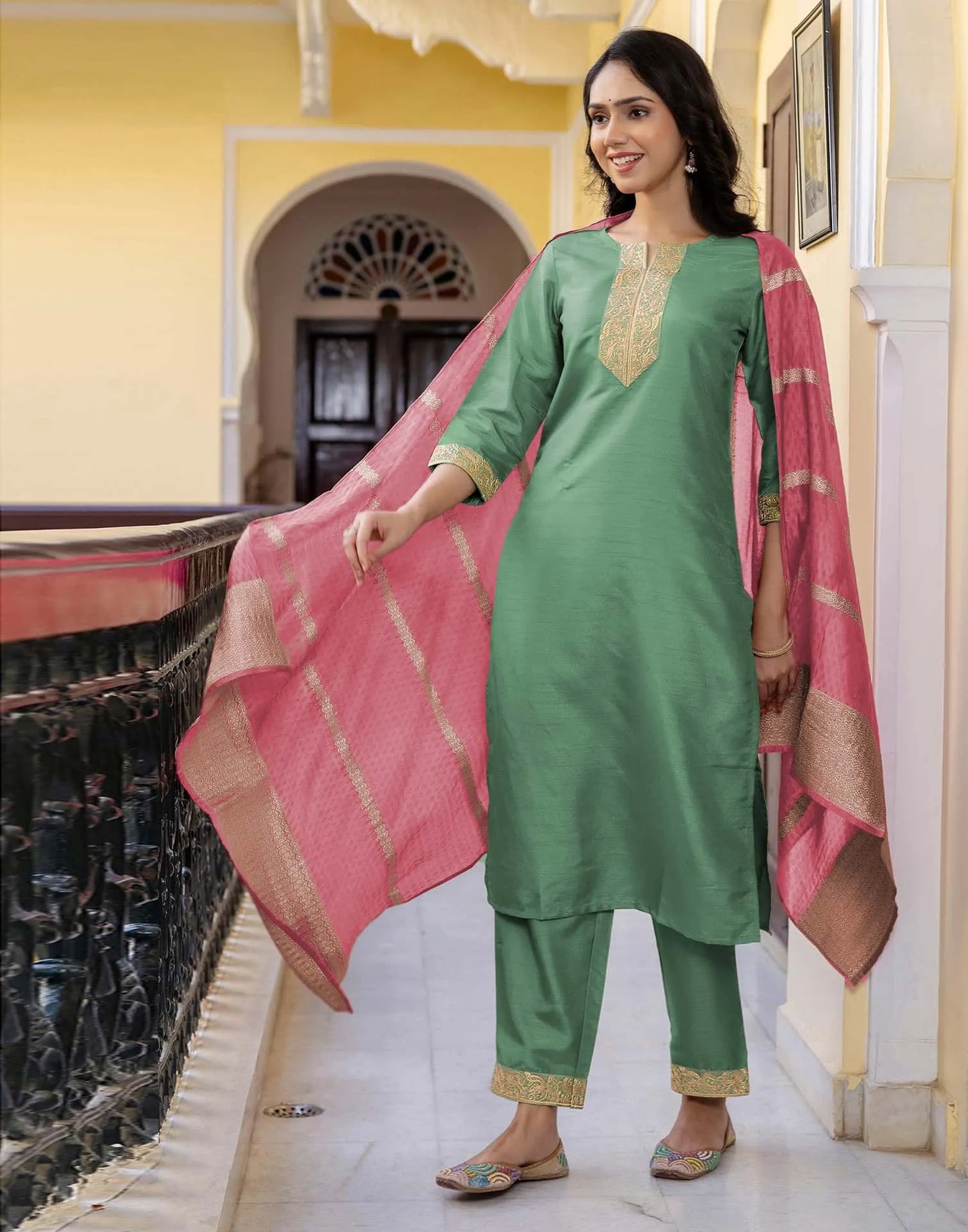 Skylee Green Silk Embroidered Straight Kurta Set for Women
