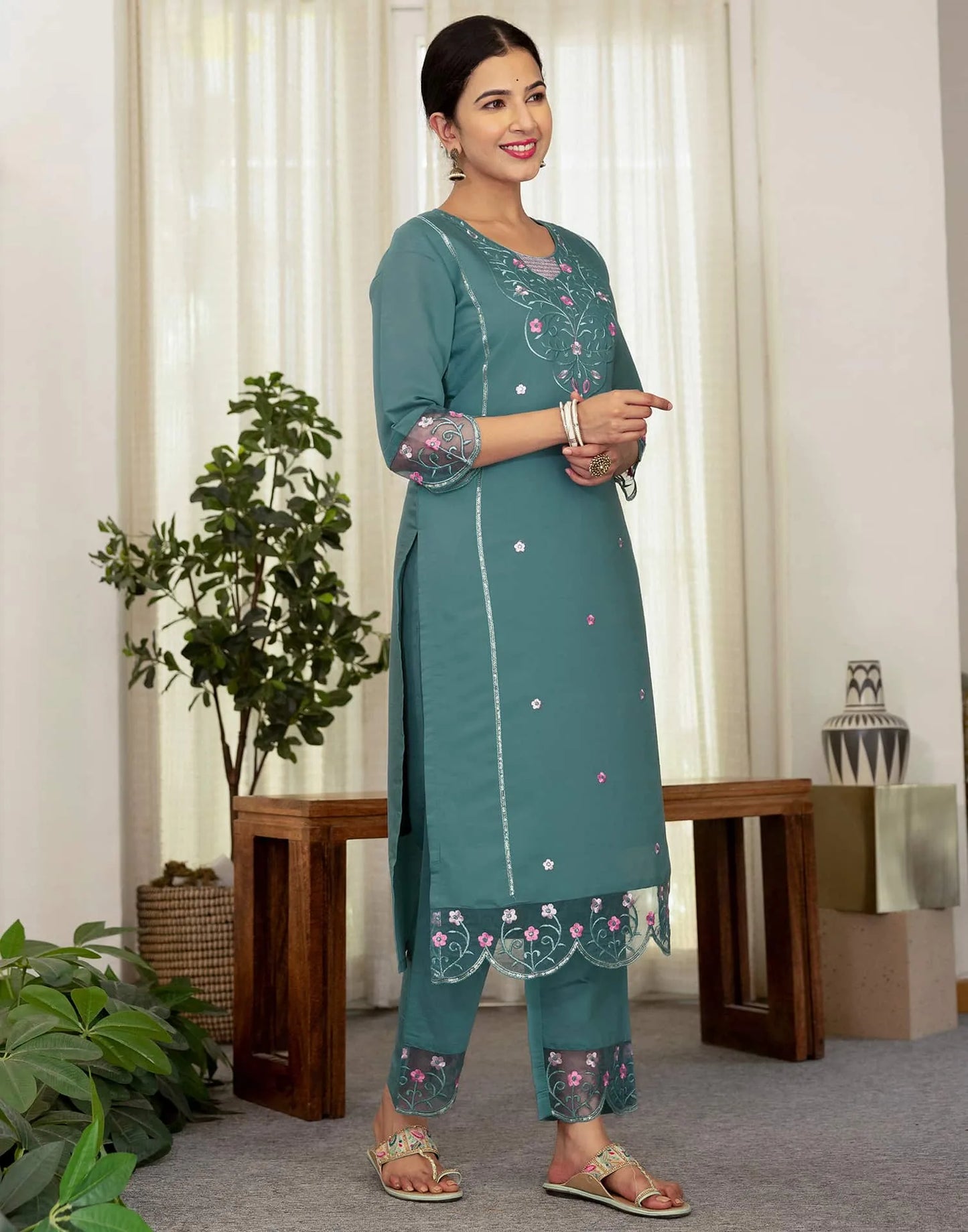 Silk Blend Embroidered Straight Kurta with Pant & Dupatta