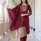 Maroon Silk Embroidered Straight Kurta with Pant & Dupatta for Women