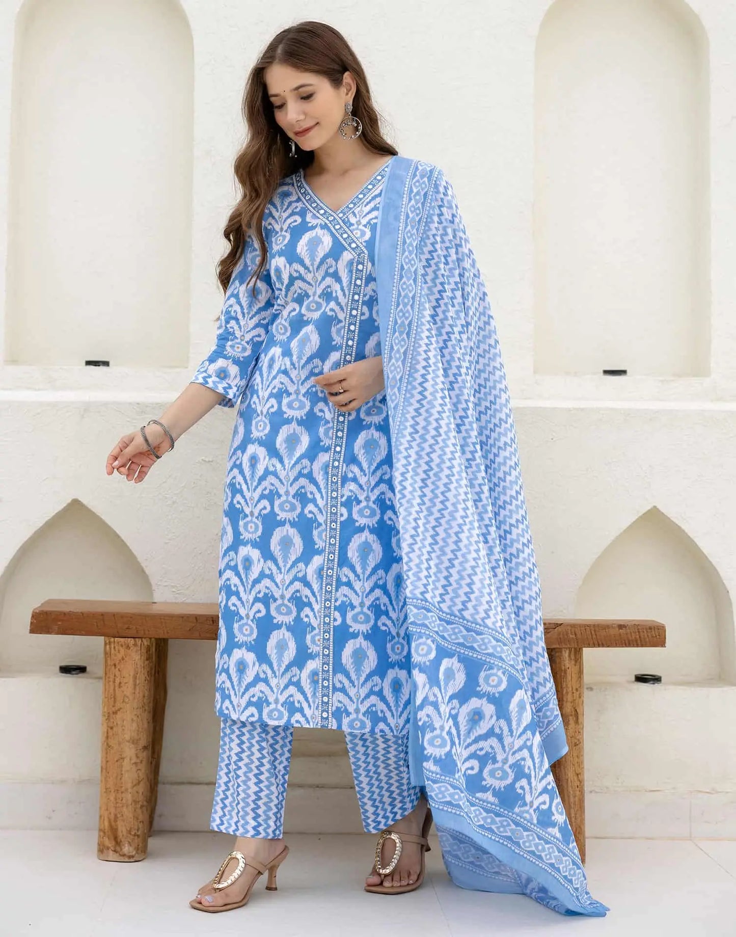 Cotton Straight Printed V-Neck Kurta with Pant & Dupatta