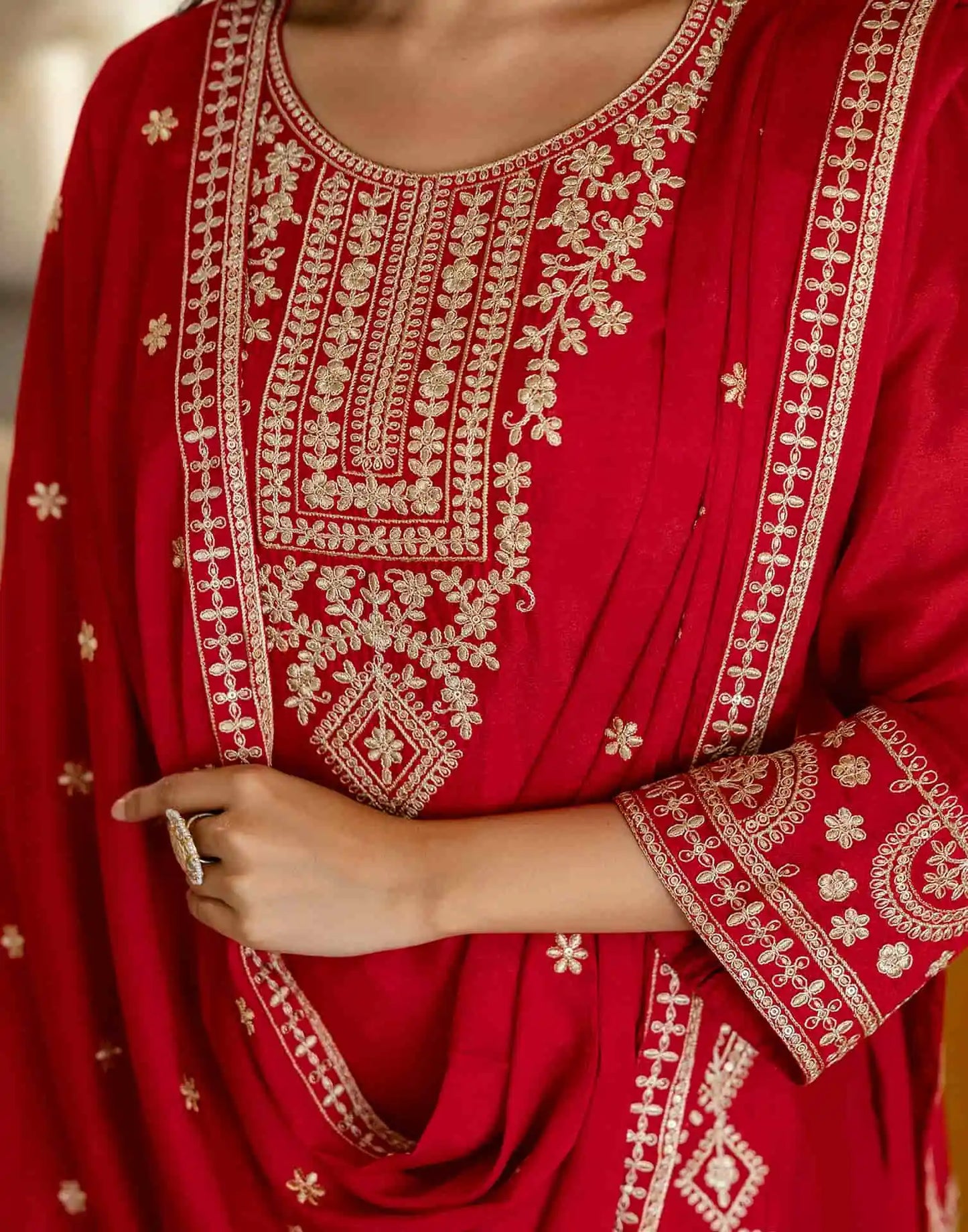 Silk Straight Embroidery Round Neck Kurta with Pant & Dupatta