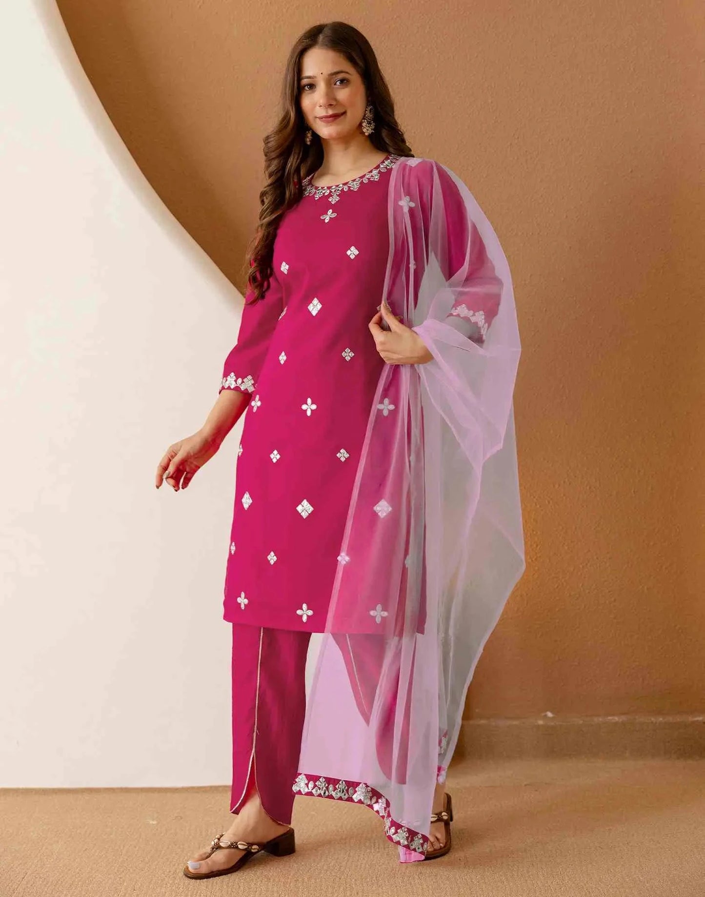 Chinnon Embroidered Straight Round Neck Kurta with Pant & Dupatta
