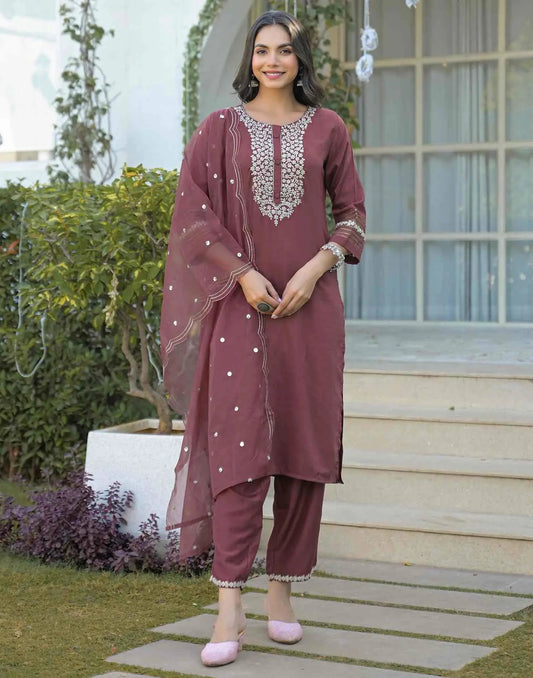 Silk Embroidered Straight Round Neck Kurta with Pant & Dupatta