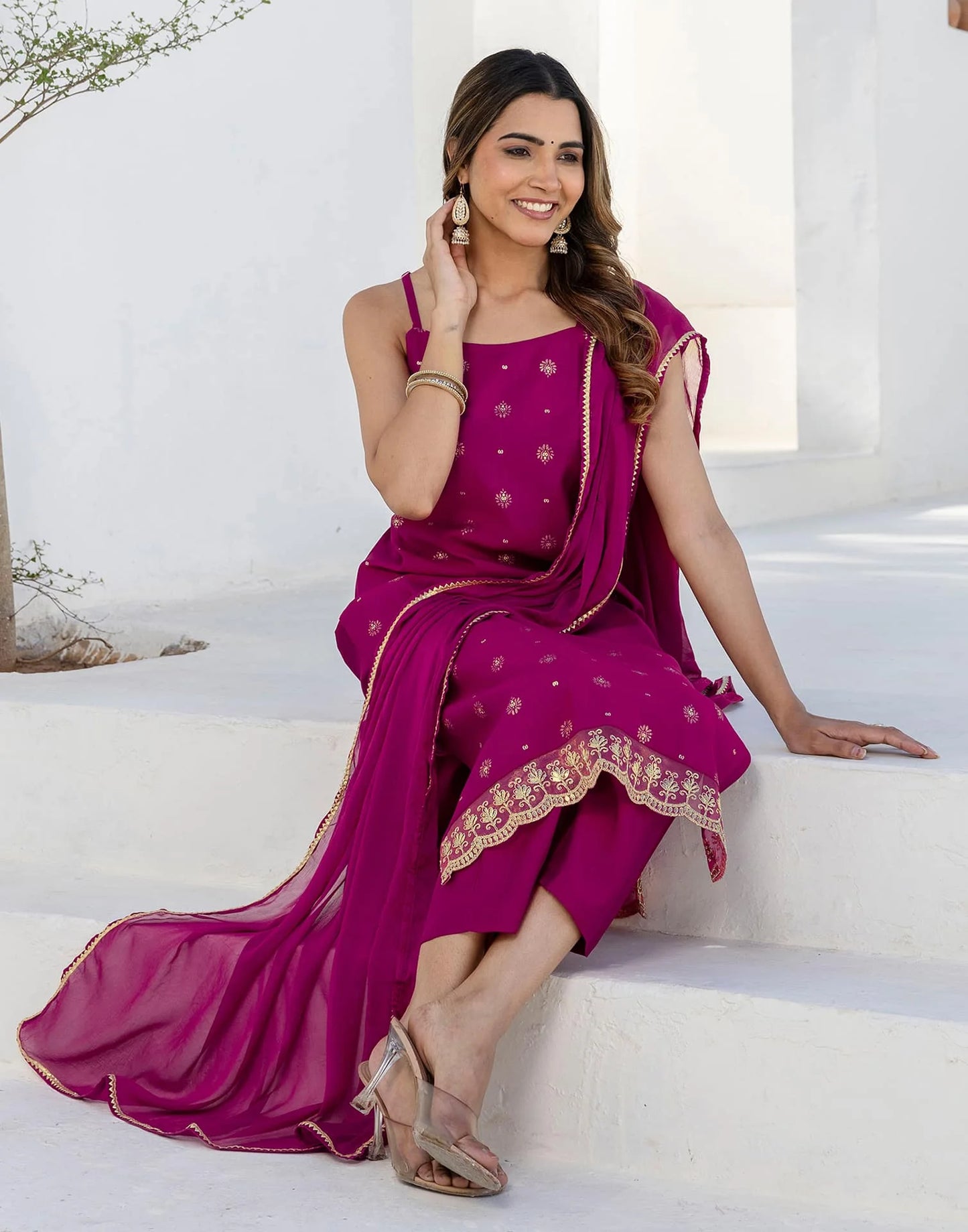 Affordable Ethnic Wear Pink Silk Blend Foil Printed Kurta Set with Embroidery Lace, Pant & Dupatta