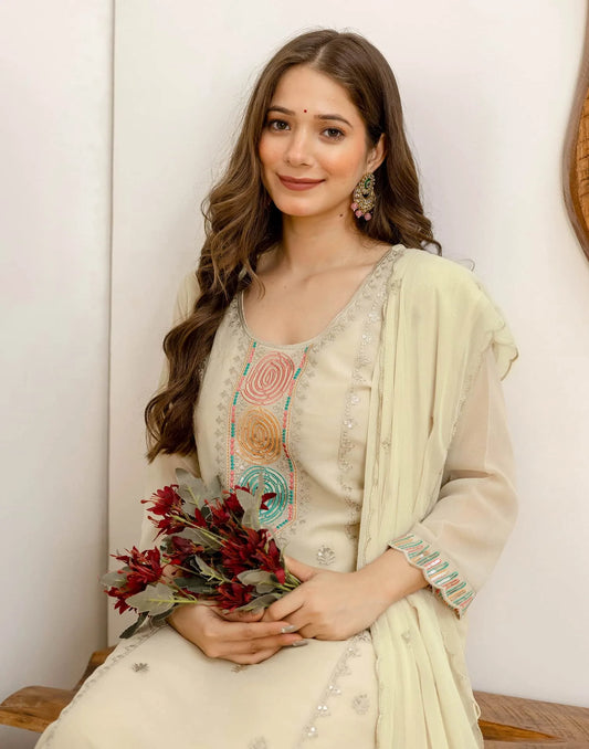 Beige Georgette Embroidered Kurta Set with Pant & Dupatta