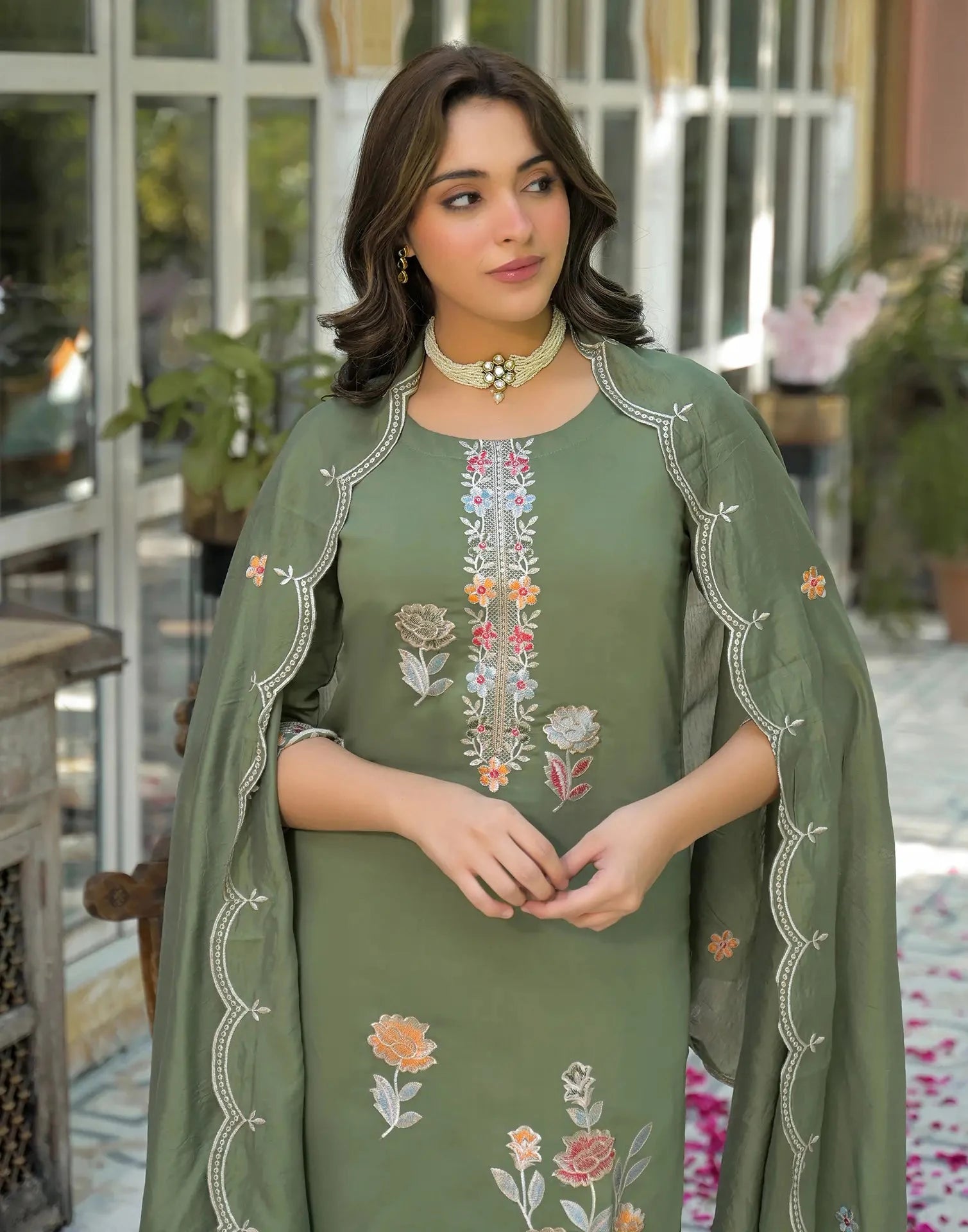 Silk Embroidered Straight Round Neck Kurta with Pant & Dupatta